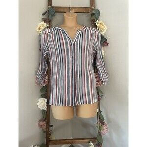 Christopher & Banks Striped V-Neck Blouse with Roll-Up Sleeves Lightweight